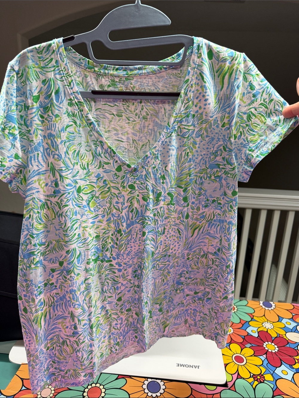 Lilly Pulitzer Pastel Leaf-Print V-Neck Tee in Lavender, Green & Blue